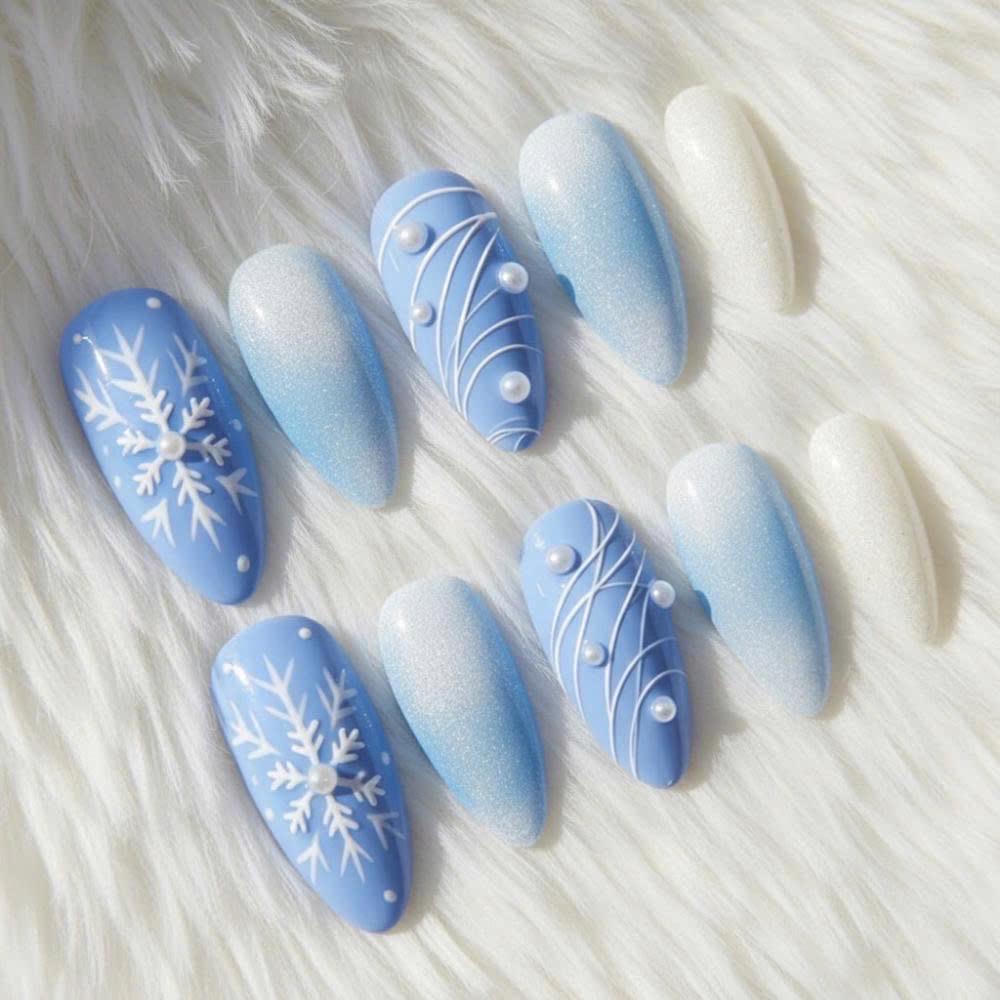 Blue Snowflake Press On Nails – Frozen Winter Nail Set