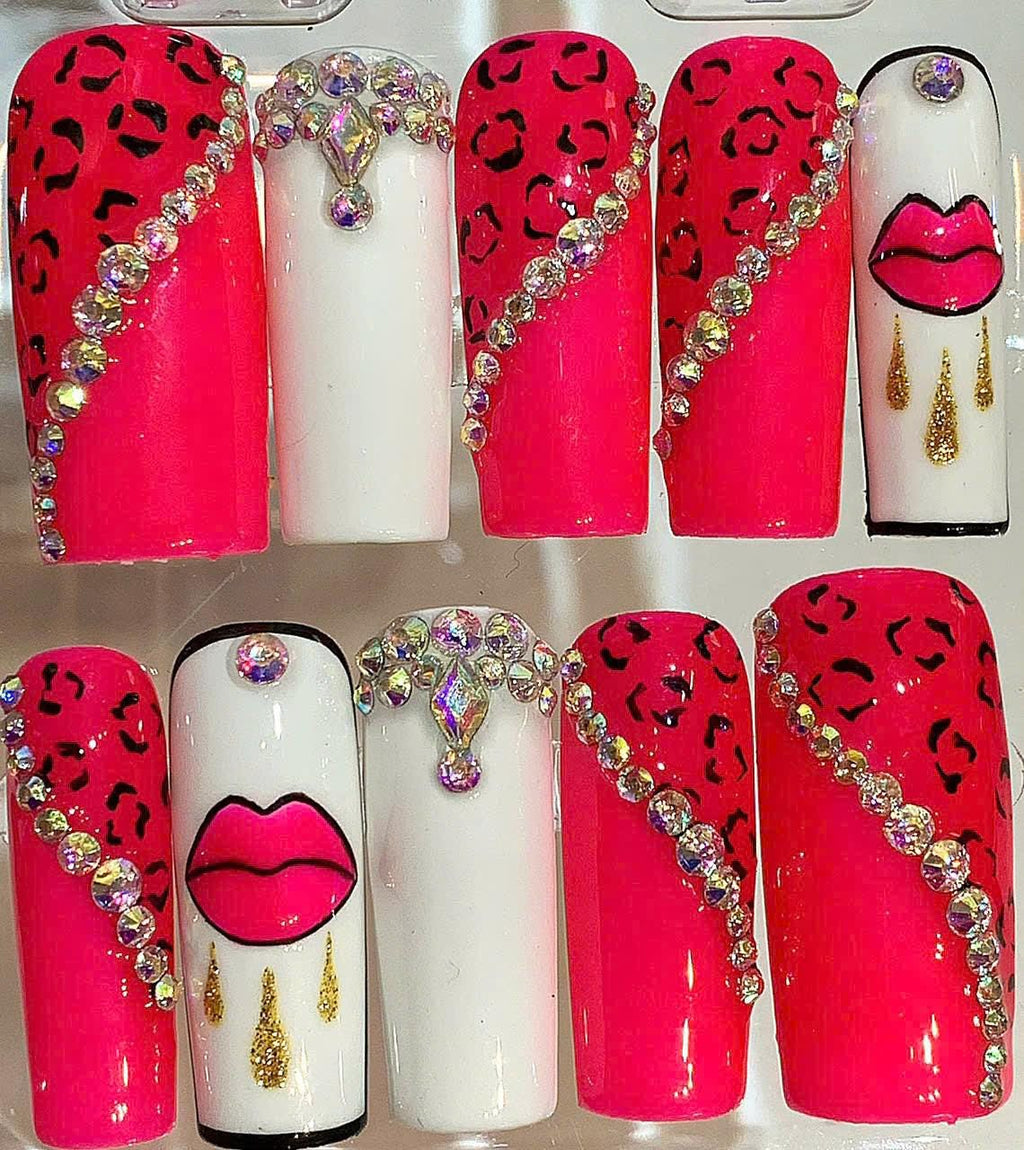Hot Pink Leopard Press On Nails – Rhinestone Bling, Long Coffin