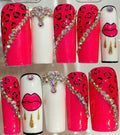 Hot Pink Leopard Press On Nails – Rhinestone Bling, Long Coffin