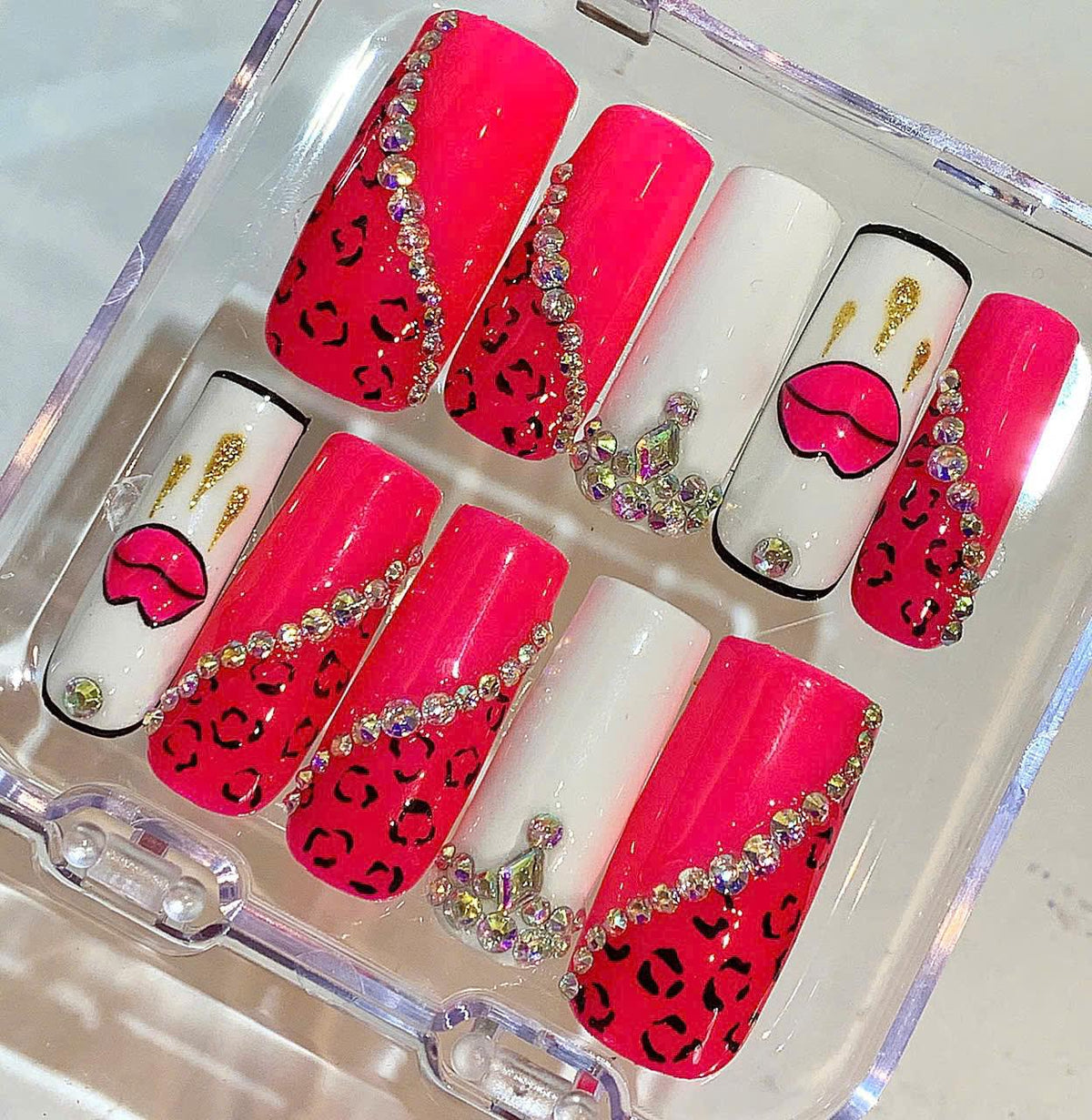 Hot Pink Leopard Press On Nails – Rhinestone Bling, Long Coffin