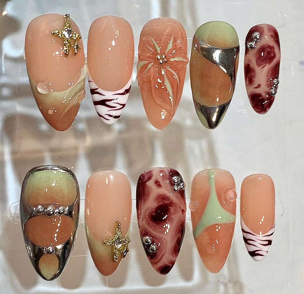 Nude Mint Press On Nails | Chrome Swirl, Floral 3D & Zebra Print