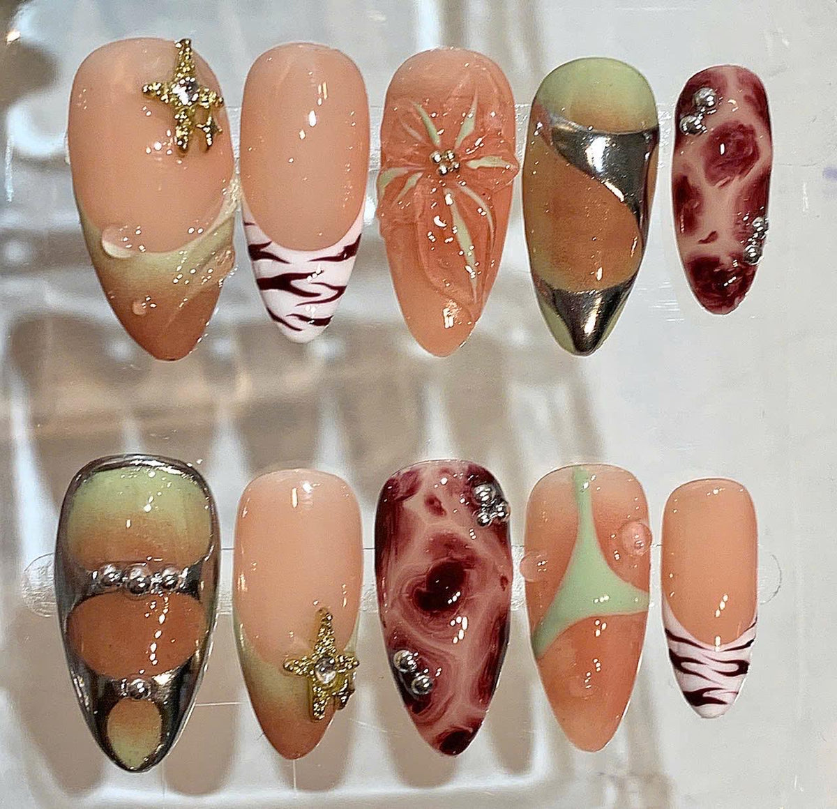 Nude Mint Press On Nails | Chrome Swirl, Floral 3D & Zebra Print