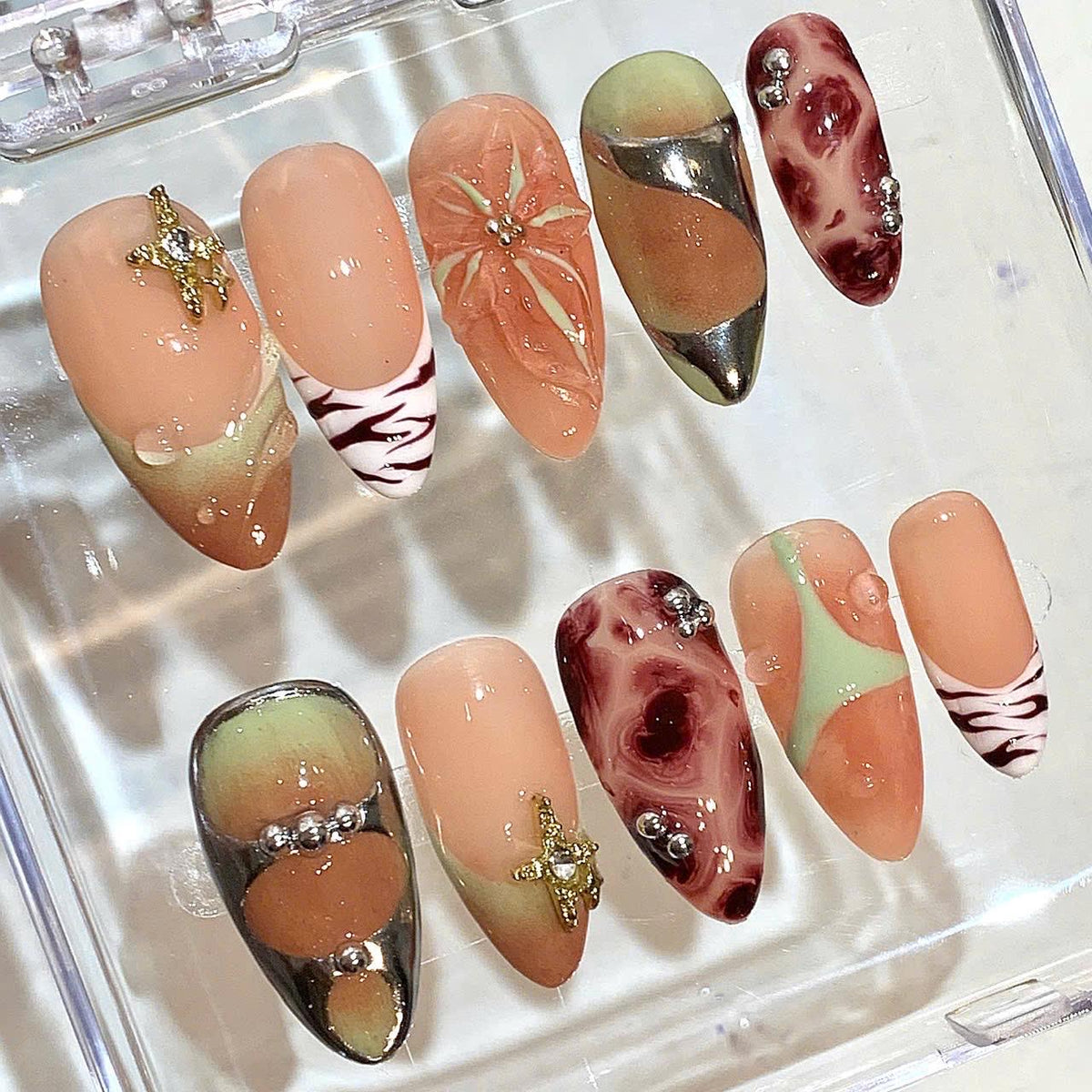Nude Mint Press On Nails | Chrome Swirl, Floral 3D & Zebra Print