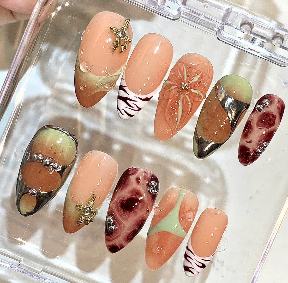 Nude Mint Press On Nails | Chrome Swirl, Floral 3D & Zebra Print