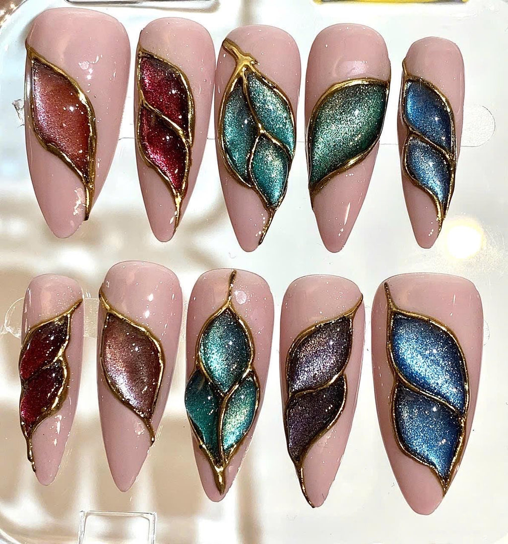 Metallic Leaf Press On Nails – Elegant Nude Gold Design