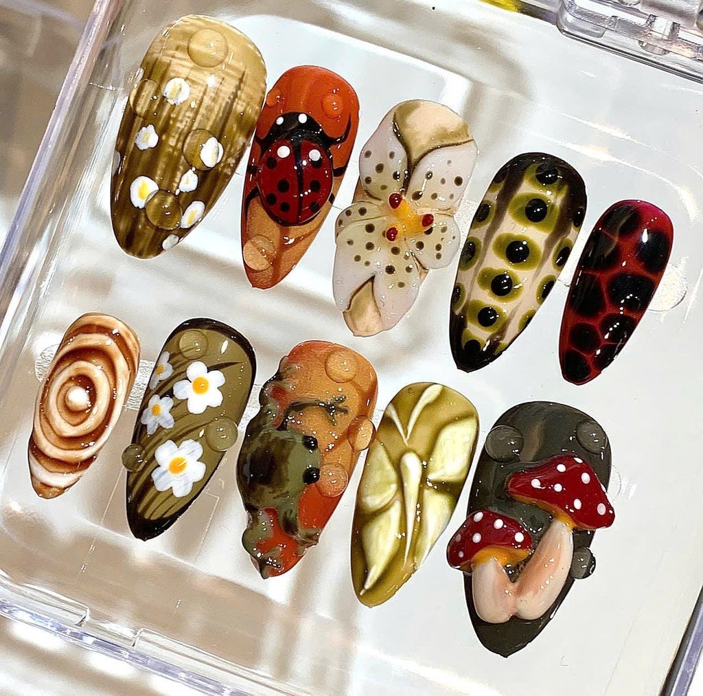 3D Frog Ladybug Daisy Press On Nails - Garden Nail Art Set