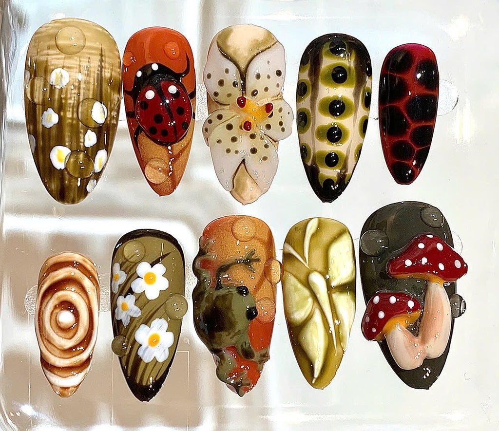 3D Frog Ladybug Daisy Press On Nails - Garden Nail Art Set
