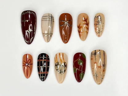Elegance Fall Press On Nails | Chic Neutral Tones & Metallic Accents | Handmade Autumn-Inspired Stiletto Nails | Neutral Nail Art | JB177HK