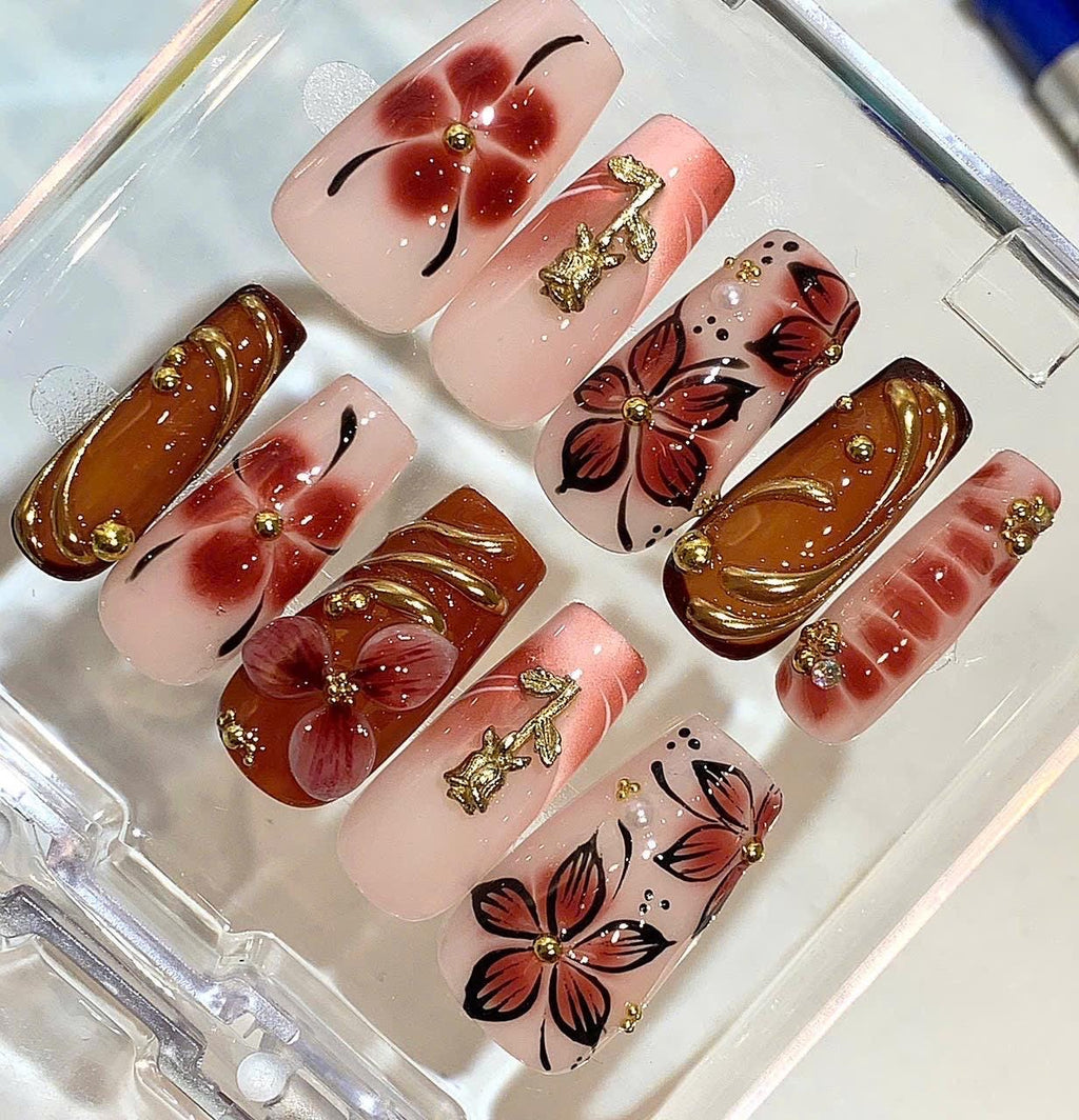 Nude Brown Floral Press On Nails | 3D Flower Nail Set