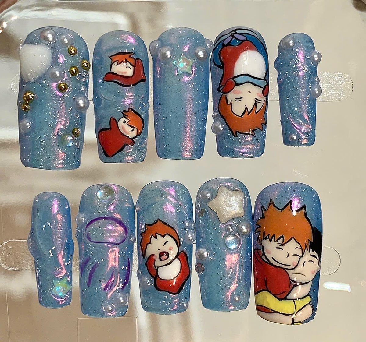 Anime Couple Press On Nails, Blue Galaxy, 3D Pearls & Stars