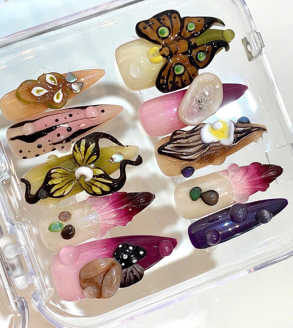 Fantasy Butterfly & Orchid 3D Nails – Unique Handmade Nature Nail Set