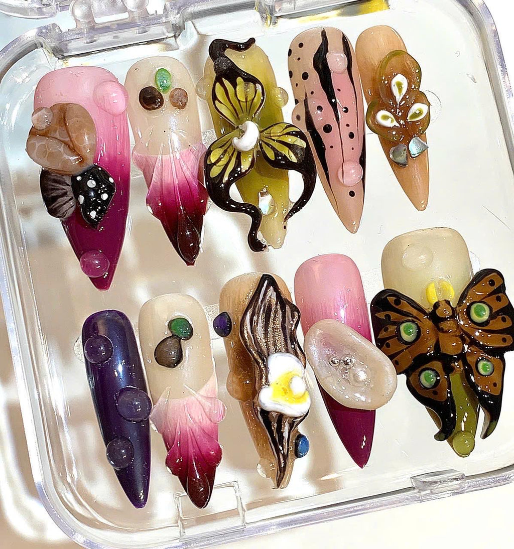 Fantasy Butterfly & Orchid 3D Nails – Unique Handmade Nature Nail Set