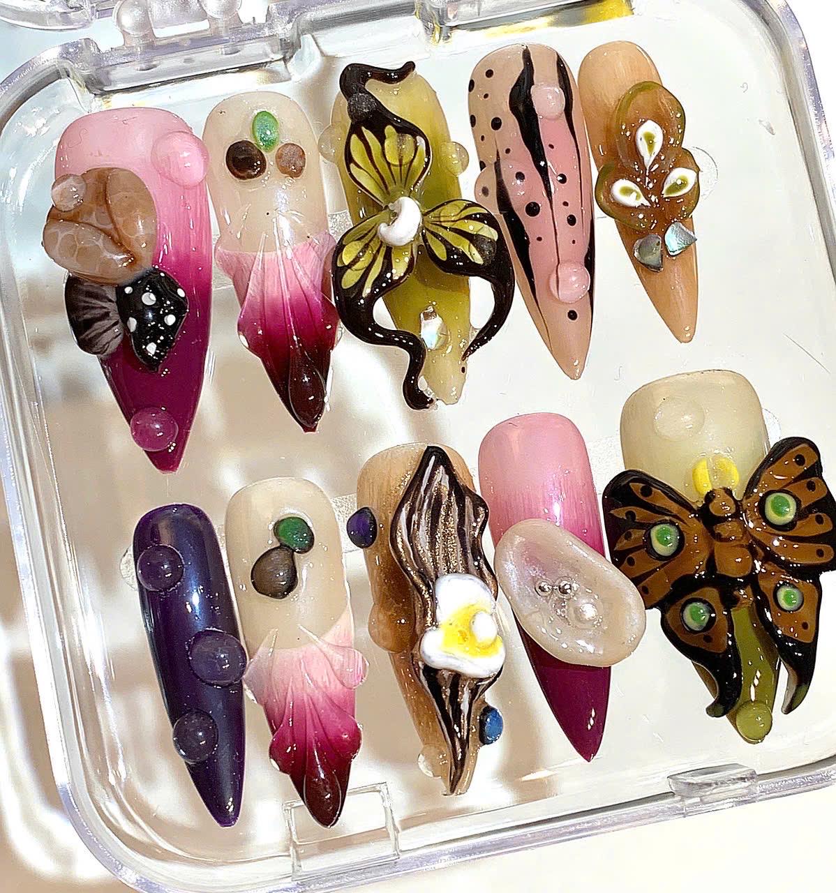 Fantasy Butterfly & Orchid 3D Nails – Unique Handmade Nature Nail Set