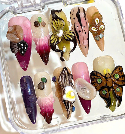 Fantasy Butterfly & Orchid 3D Nails – Unique Handmade Nature Nail Set