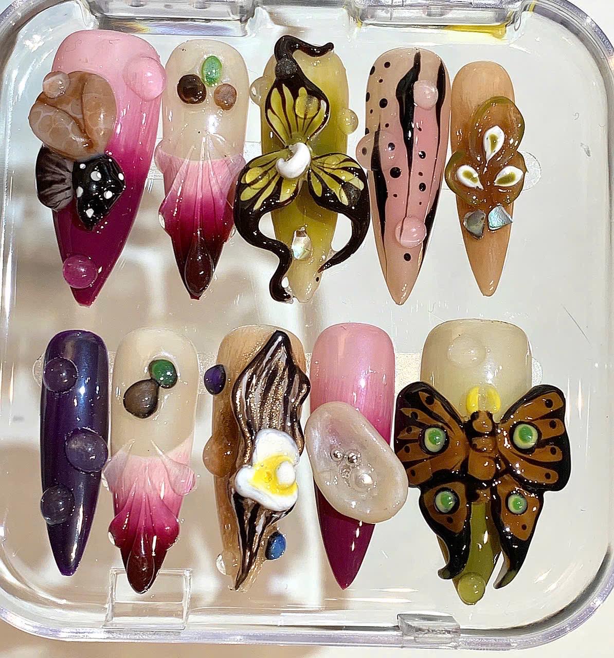 Fantasy Butterfly & Orchid 3D Nails – Unique Handmade Nature Nail Set
