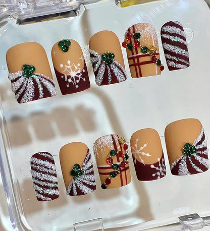 Brown Christmas Nails – Matte Snowflake Holiday Nail Set