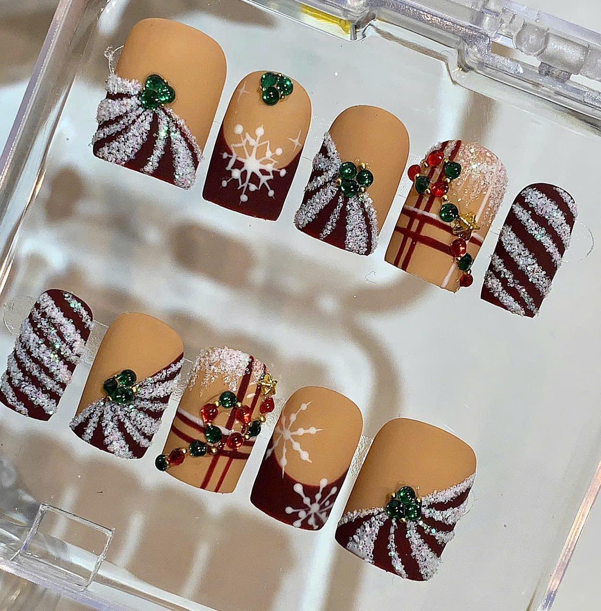 Brown Christmas Nails – Matte Snowflake Holiday Nail Set