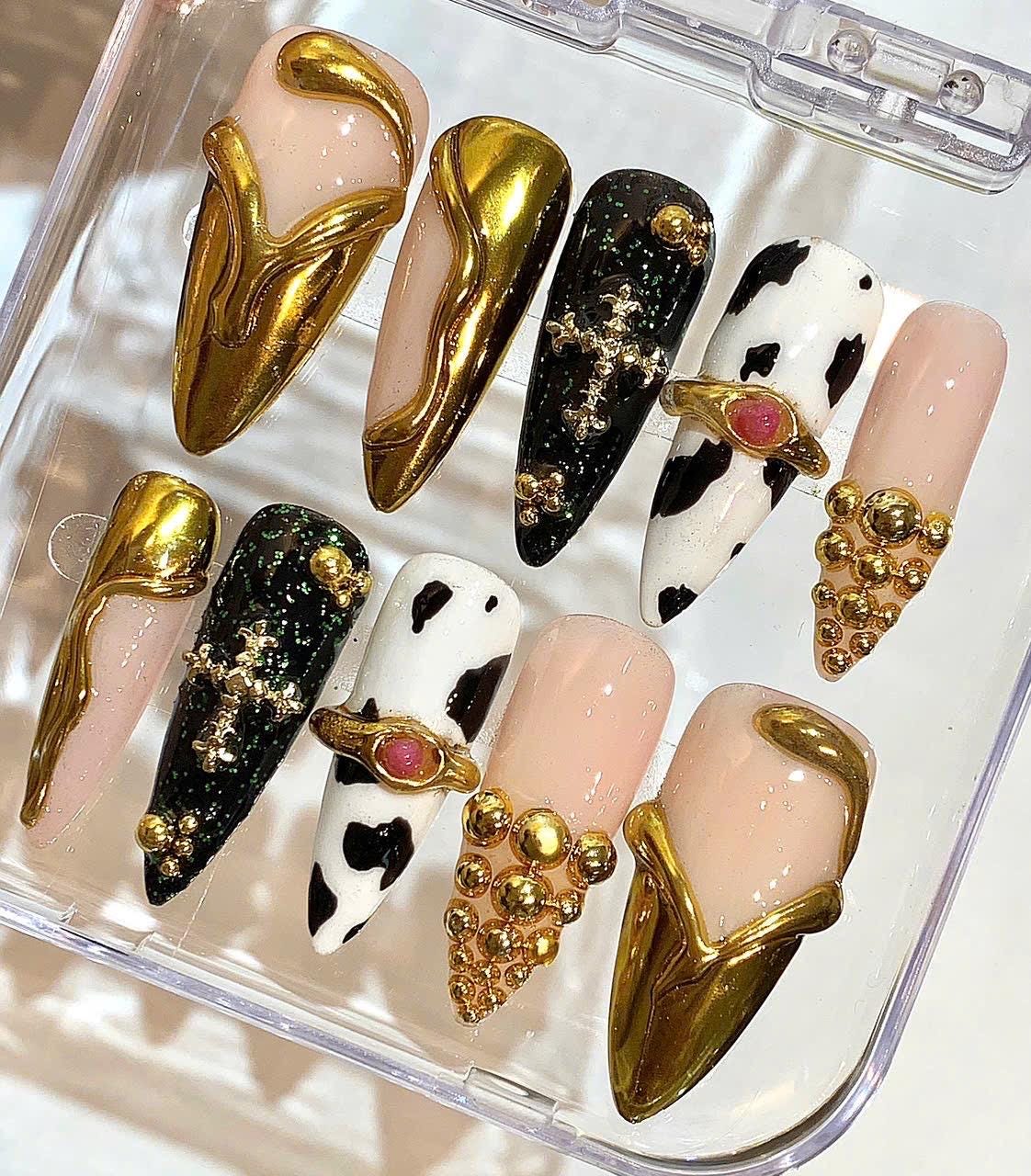 Luxury Gold Cow Print Nails – 3D Handmade Press On Nail Set
