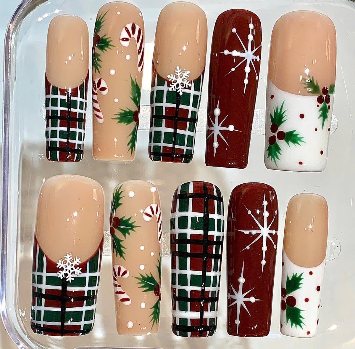 Plaid Christmas Press On Nails | Candy Cane & Holly Nail Set | Red Green Holiday Nails