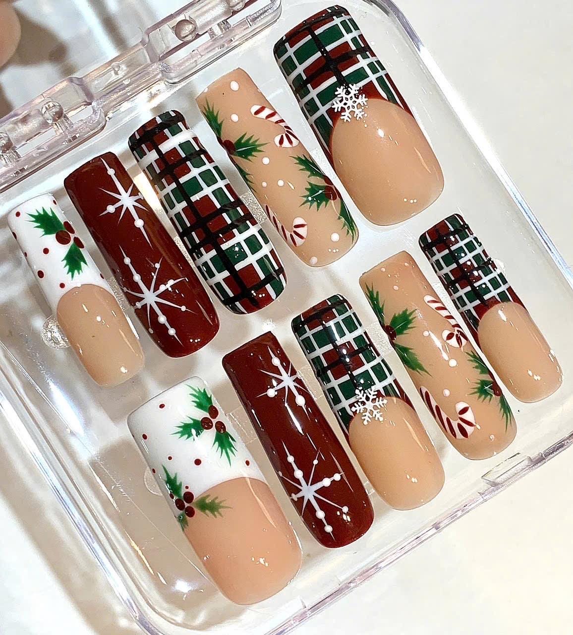 Plaid Christmas Press On Nails | Candy Cane & Holly Nail Set | Red Green Holiday Nails