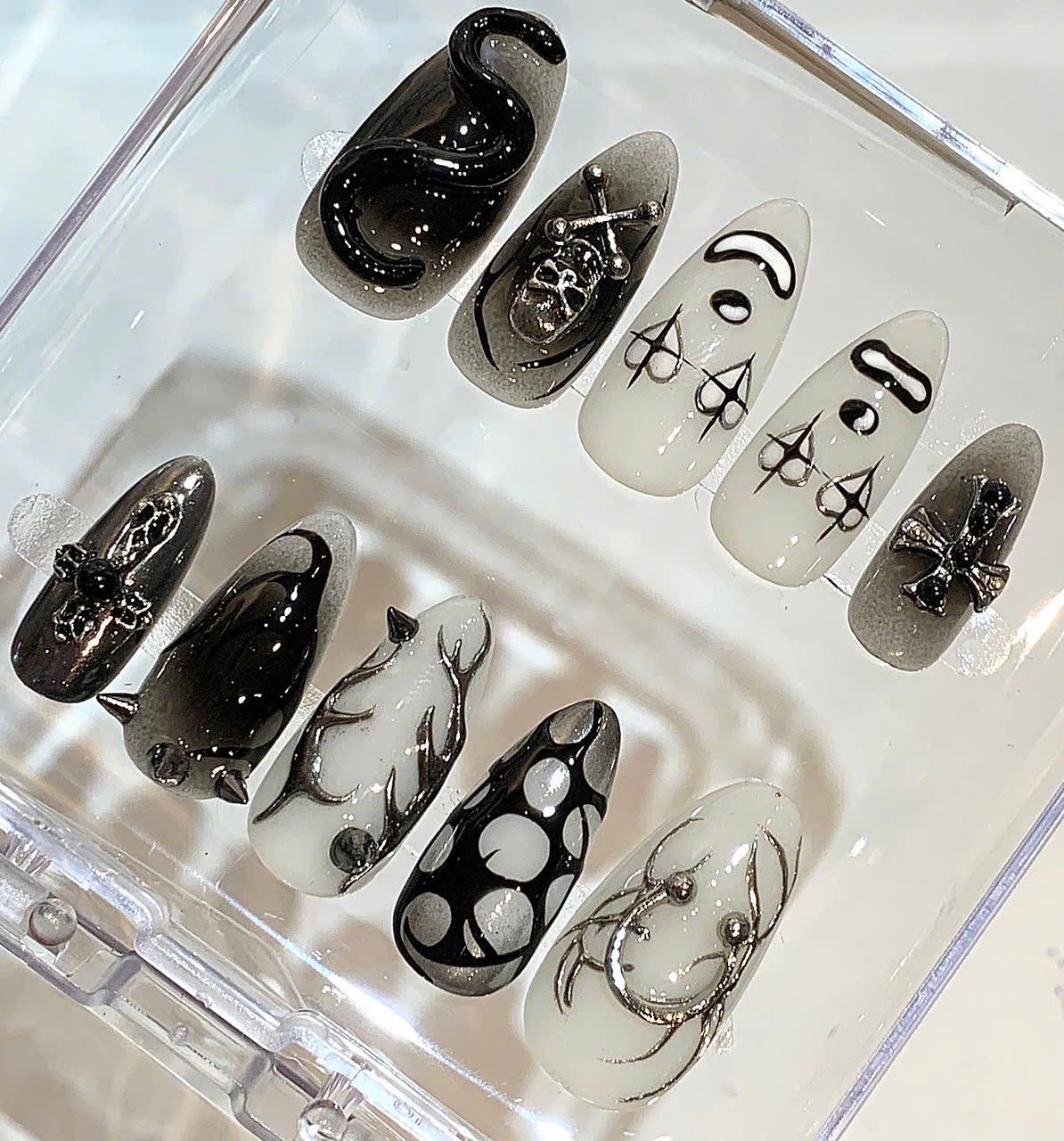 Gothic Press On Nails | Black White Skull Nail Set | Horror Clown & Snake Nails