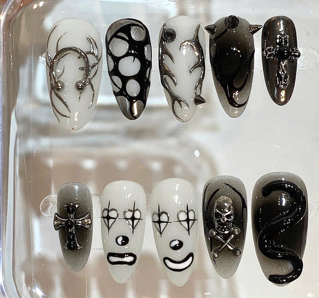 Gothic Press On Nails | Black White Skull Nail Set | Horror Clown & Snake Nails