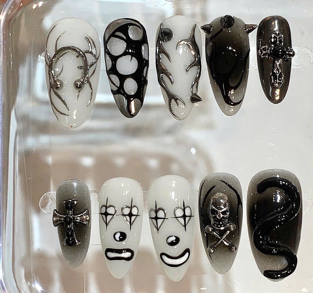 Gothic Press On Nails | Black White Skull Nail Set | Horror Clown & Snake Nails
