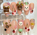 Kawaii Bear Press On Nails | 3D Cherry Nail Set | Pink Cartoon Fake Nails