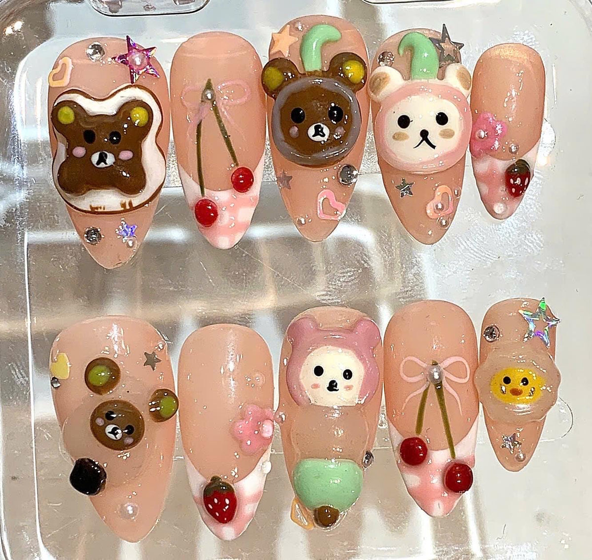 Kawaii Bear Press On Nails | 3D Cherry Nail Set | Pink Cartoon Fake Nails