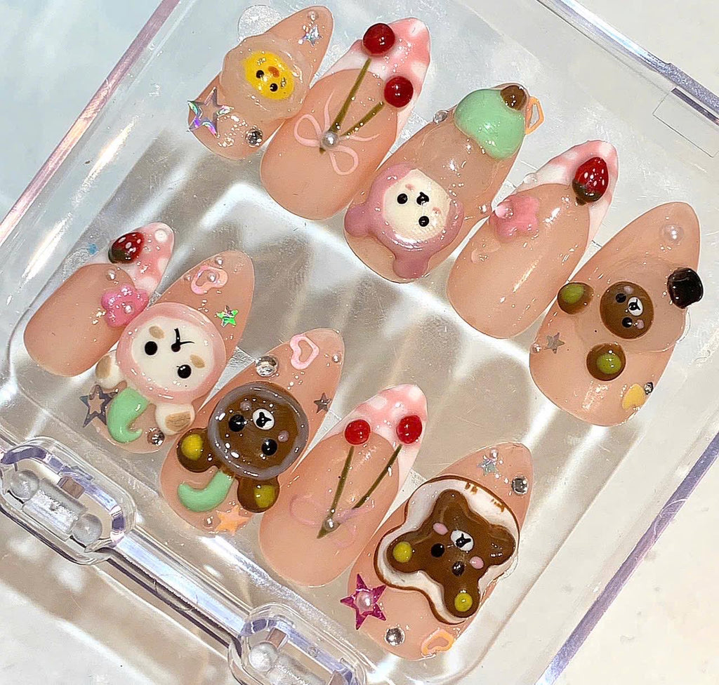 Kawaii Bear Press On Nails | 3D Cherry Nail Set | Pink Cartoon Fake Nails
