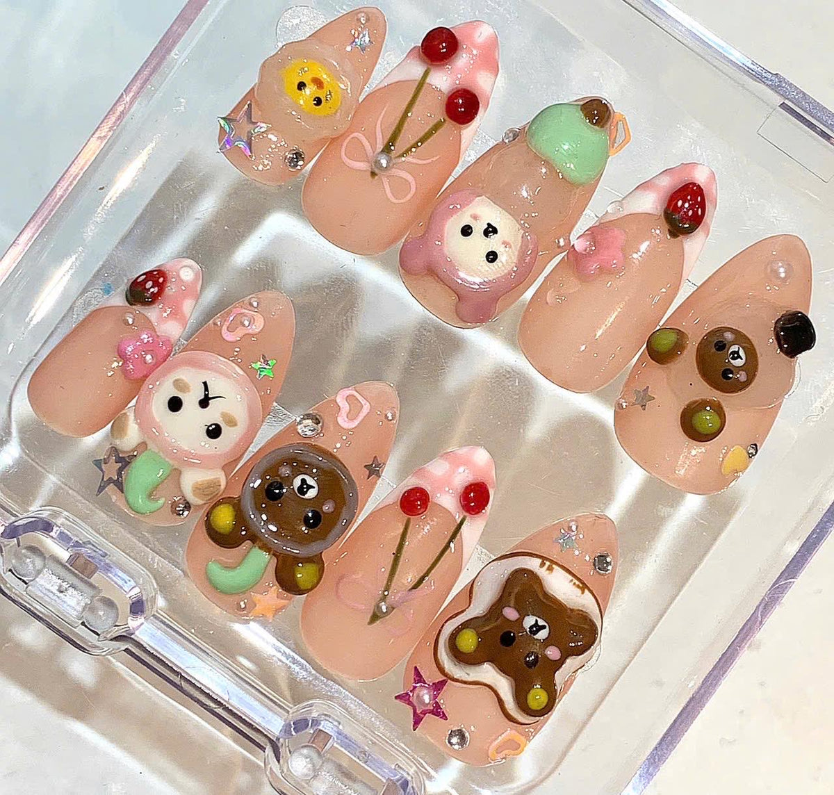 Kawaii Bear Press On Nails | 3D Cherry Nail Set | Pink Cartoon Fake Nails