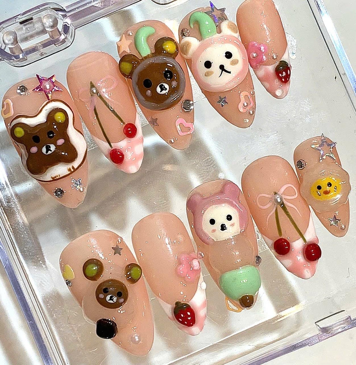 Kawaii Bear Press On Nails | 3D Cherry Nail Set | Pink Cartoon Fake Nails