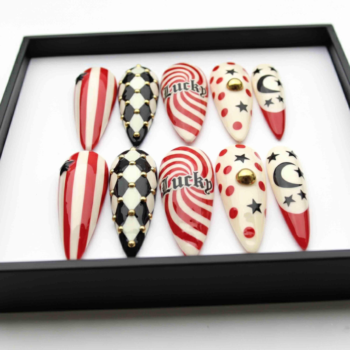 Handmade Circus Gothic Press On Nails | Red Stripes, Moon Stars & Lucky Spiral Design | Long Stiletto Nails For Bold Retro Vibes