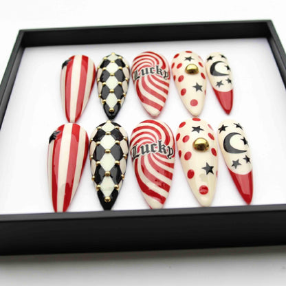 Handmade Circus Gothic Press On Nails | Red Stripes, Moon Stars & Lucky Spiral Design | Long Stiletto Nails For Bold Retro Vibes