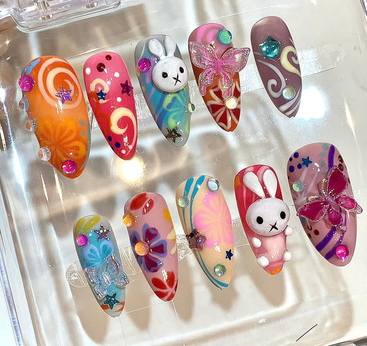 3D Cartoon Bunny Press On Nails: Handmade Colorful Nail Art Set