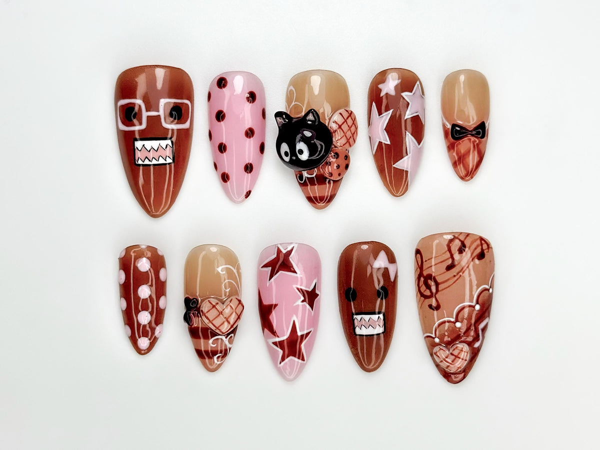 Chocolat Bear Cute Press On Nails | Kawaii Cartoon & 3D Cat Nails | Pink Brown Retro Nail Art | Handmade Fun Press Ons | JB221EC