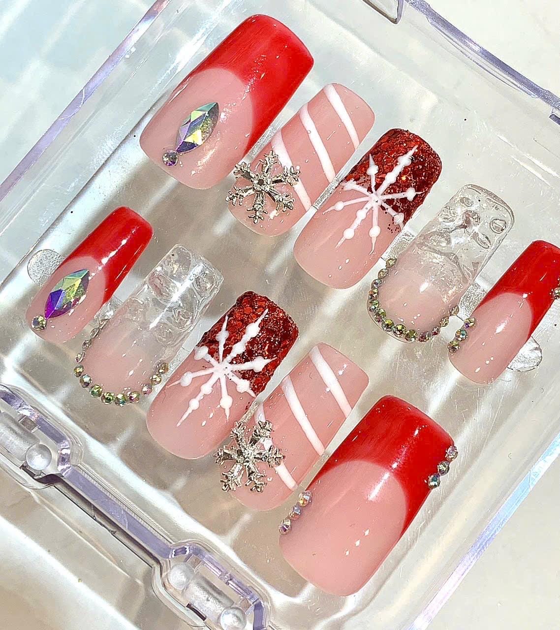 Red Snowflake Press On Nails | Pink Holiday Nail Set | Glitter Winter Fake Nails