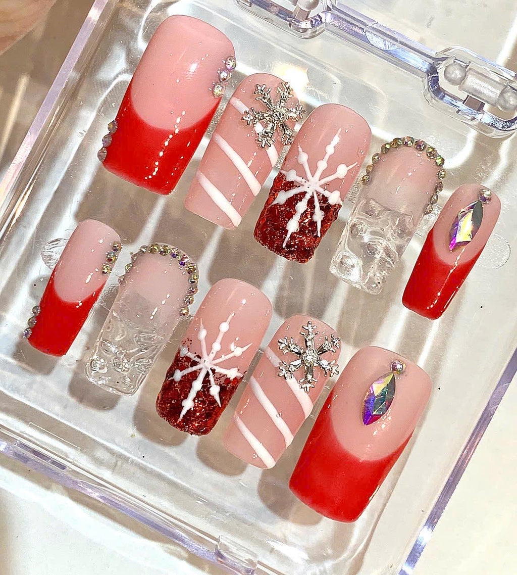 Red Snowflake Press On Nails | Pink Holiday Nail Set | Glitter Winter Fake Nails
