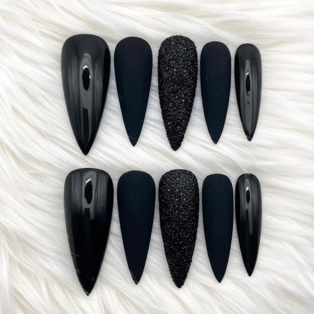 Black Stiletto Press On Nails – Glossy, Matte & Glitter, Reusable Nail Set