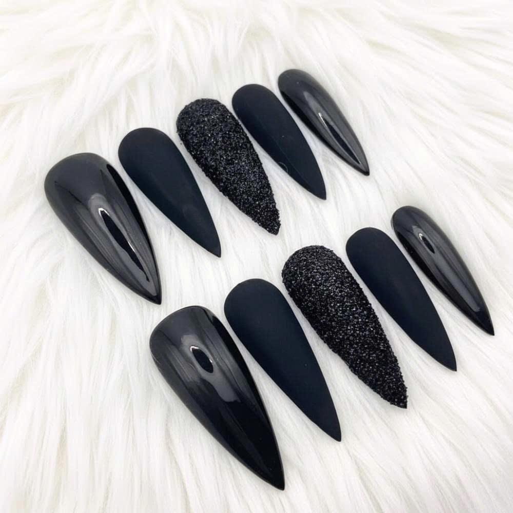 Black Stiletto Press On Nails – Glossy, Matte & Glitter, Reusable Nail Set