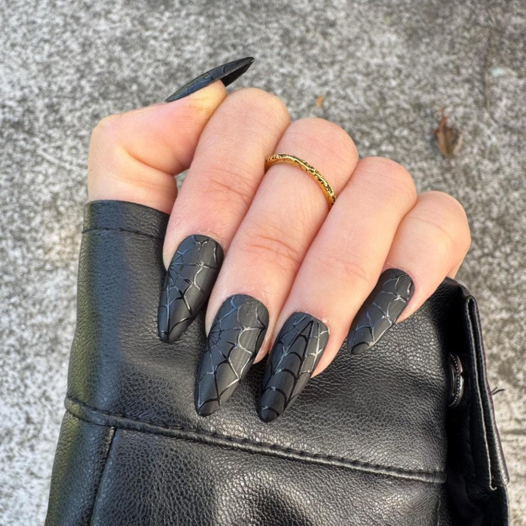 Black Spider Web Press On Nails: Gothic Stiletto Halloween Nail Art