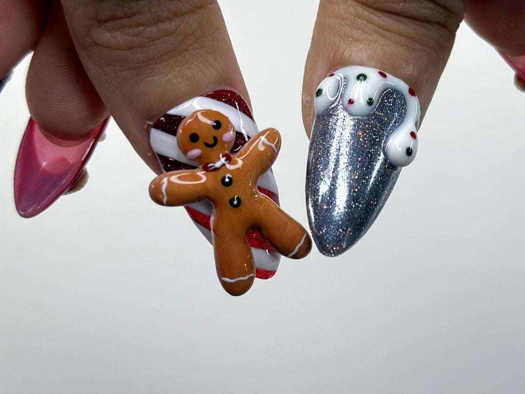 Gingerbread Red Christmas Press On Nails | 3D Christmas Cookie Nail | Peppermint & Snowman Holiday Nails| Red Glitter Festive Nails |JB216HC