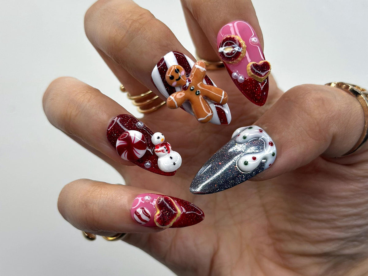 Gingerbread Red Christmas Press On Nails | 3D Christmas Cookie Nail | Peppermint & Snowman Holiday Nails| Red Glitter Festive Nails |JB216HC