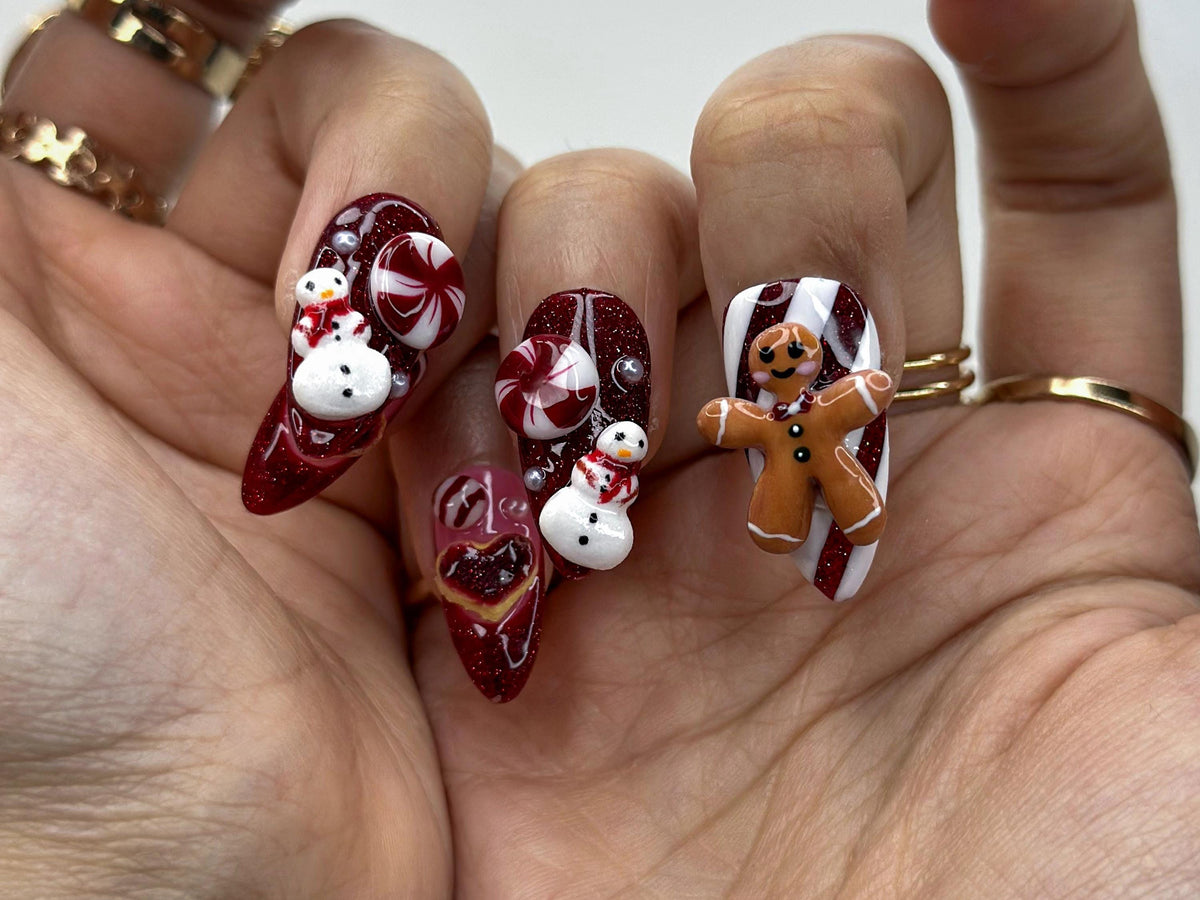 Gingerbread Red Christmas Press On Nails | 3D Christmas Cookie Nail | Peppermint & Snowman Holiday Nails| Red Glitter Festive Nails |JB216HC