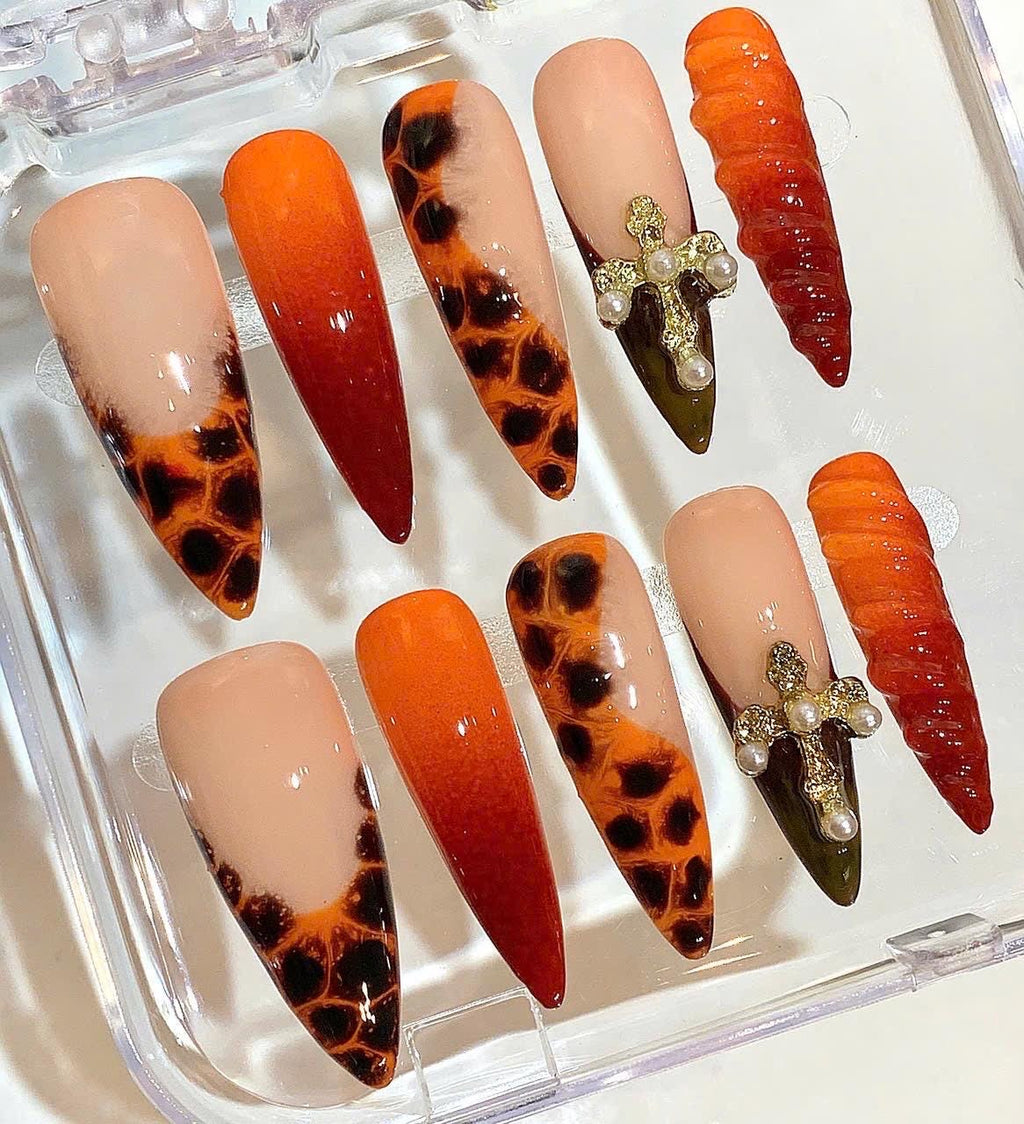 Orange Leopard Press On Nails with Cross Charm – Luxury Handmade Nail Set