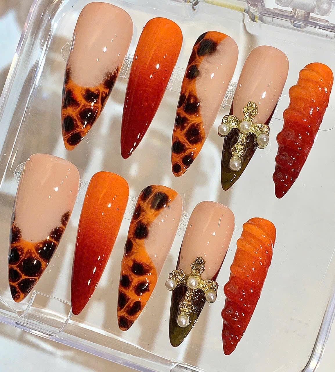 Orange Leopard Press On Nails with Cross Charm – Luxury Handmade Nail Set