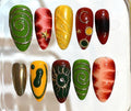 Green Red Gold Press On Nails – Abstract Moon Star Design, Luxury Handmade Nail Set