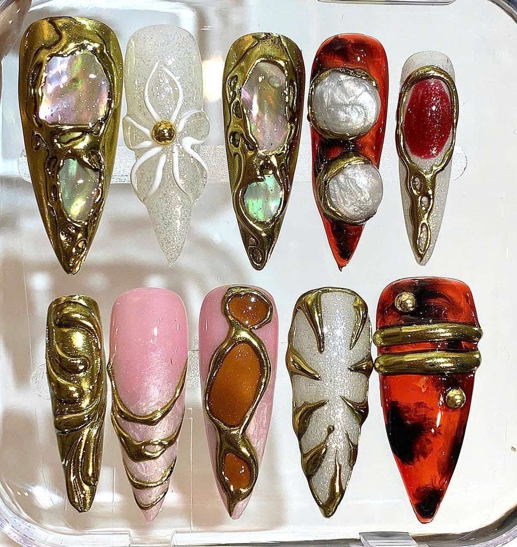 Gold 3D Press On Nails – Pearl, Crystal & Floral Luxury Nail Set