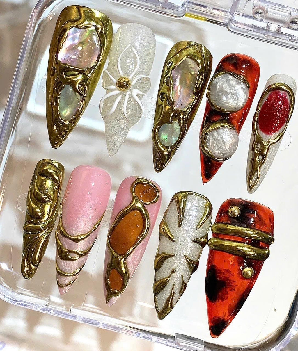 Gold 3D Press On Nails – Pearl, Crystal & Floral Luxury Nail Set