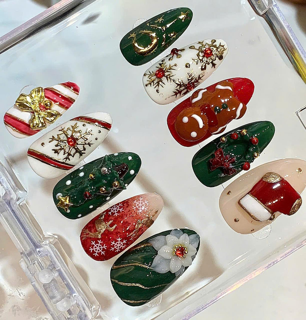 3D Christmas Press On Nails – Gingerbread, Tree, Candy Cane